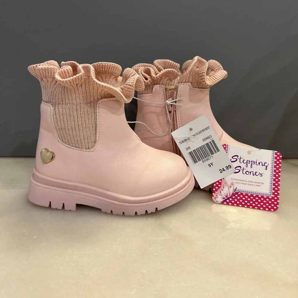 NEW Stepping Stones Girl Boots Pink Ruffled On Top Side Zip Size 5Y NWT